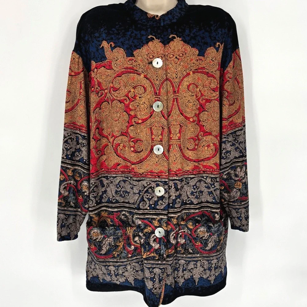 Carole Little Vintage Tapestry Print Button Front Longline Cardigan Jacket Red L